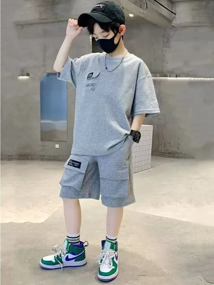 Summer Kids Boys T-Shirt+Shorts 2-Piece Set Letter Printing Children Teen Loose Comfortable Sports Casual Clothes 4-14 Years Old
