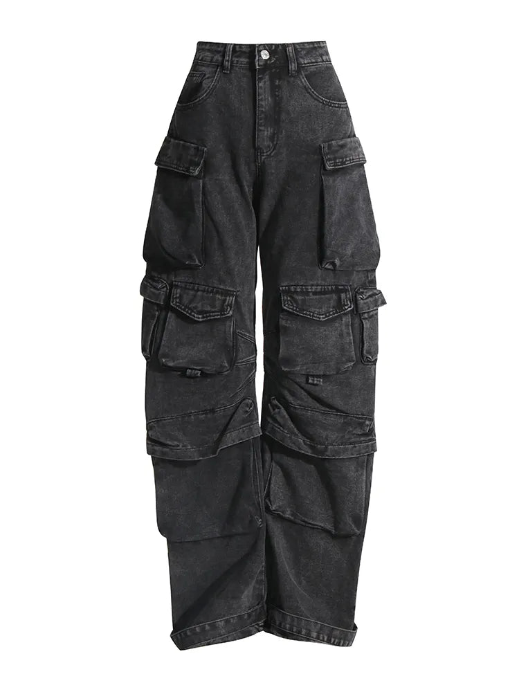 Camouflage Casual Jeans For Women High Waist Patchwork Pockets Solid Minimalist