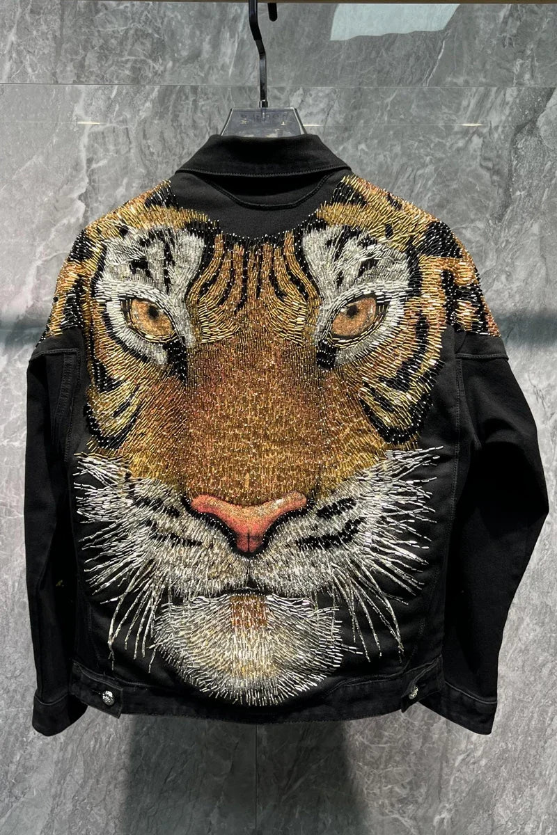 Fashion Tiger Beaded Denim Jacket Men's 2023 Autumn New European Goods  Jean Coats