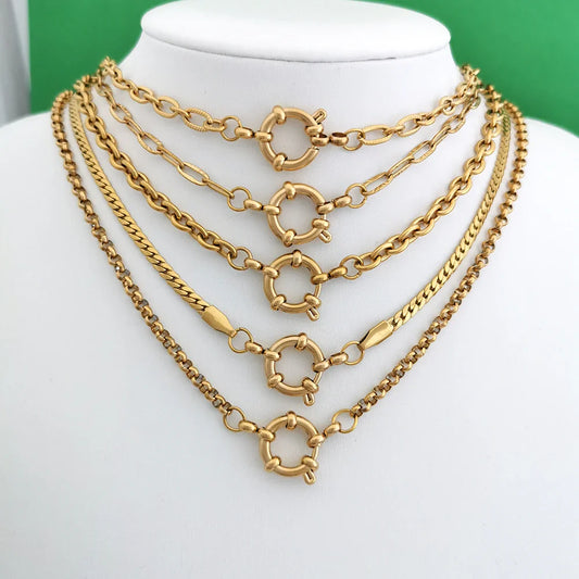 QMHJE Spring Sailor Clasp Necklace Women Men Choker Stainless Steel Geometric Paperclip Link Chain Rolo PVD Gold Color Wholesale