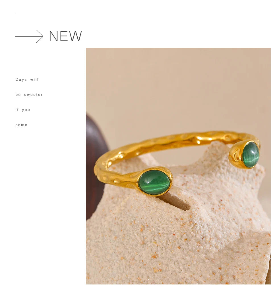 Yhpup 62mm High Quality Stainless Steel Multicolored Natural Stone Golden Cuff Open Bracelet Bangle Water Resistant Jewelry