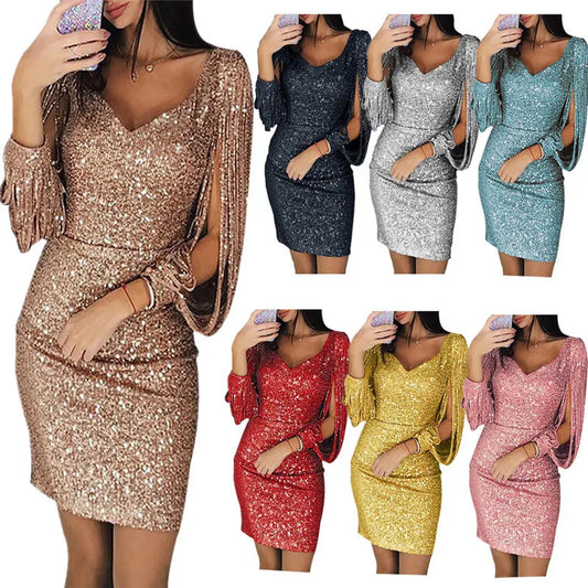 Women's Sparkly Sequin Short Evening Dress, V Neck, Chic Tassel, Long Sleeve