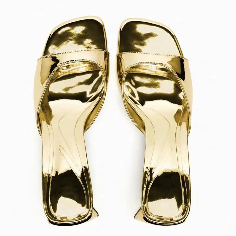 TRAF 2023 Women's Sandals Summer Fashion Gold Chunky Sandals Shoes For Women Squared Toe Elegant Heeled Shoes Ladies Slippers