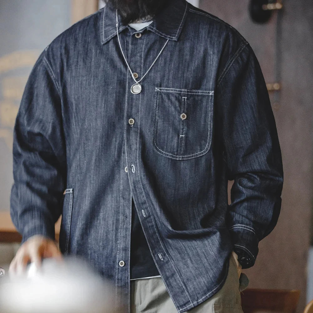 Vintage Large Pockets Washed Denim Shirt Men's Casual Tops