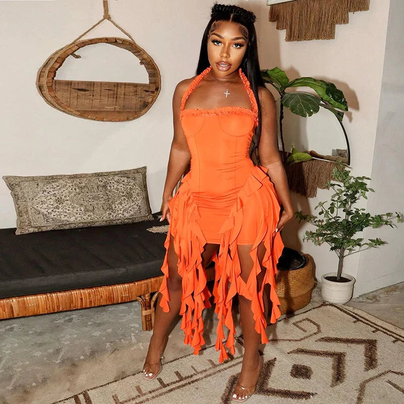 Hugcitar Elegant Halter Solid Ruffles Backless Taseel Sexy Slim Mini Dress Spring Women Cute Outfits Birthday Party Vacation