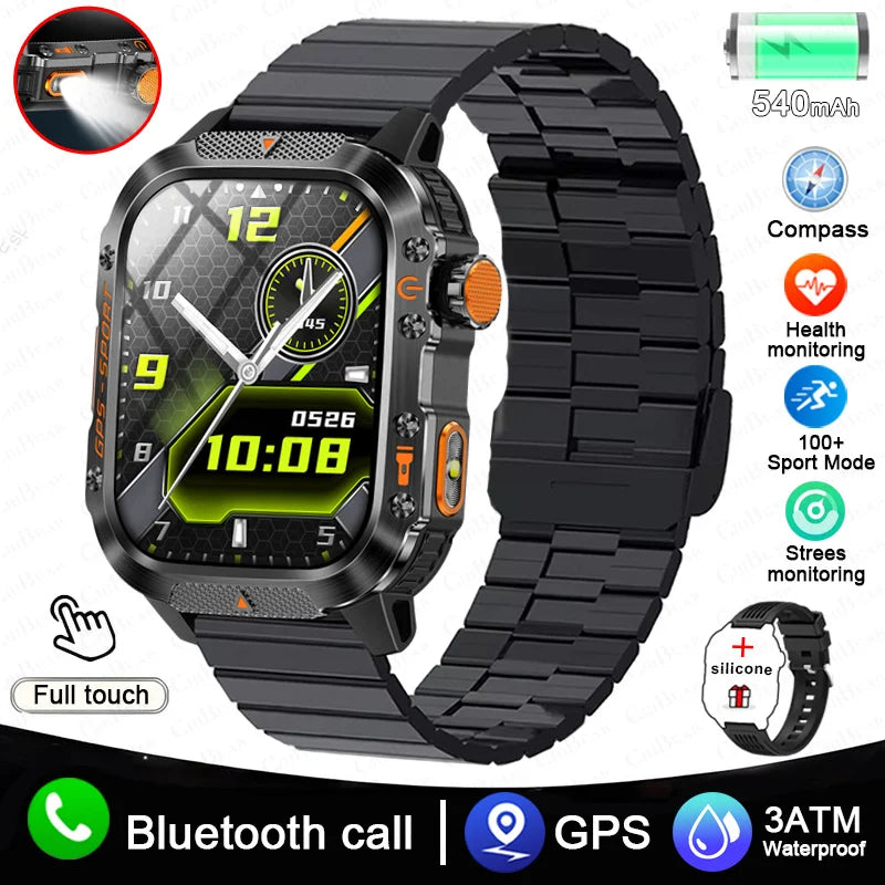 2025 New Military Outdoor Smart Watch Men's GPS Flashlight Bluetooth Call 2.01" AMOLED Screen 3ATM Waterproof Sports Smartwatch
