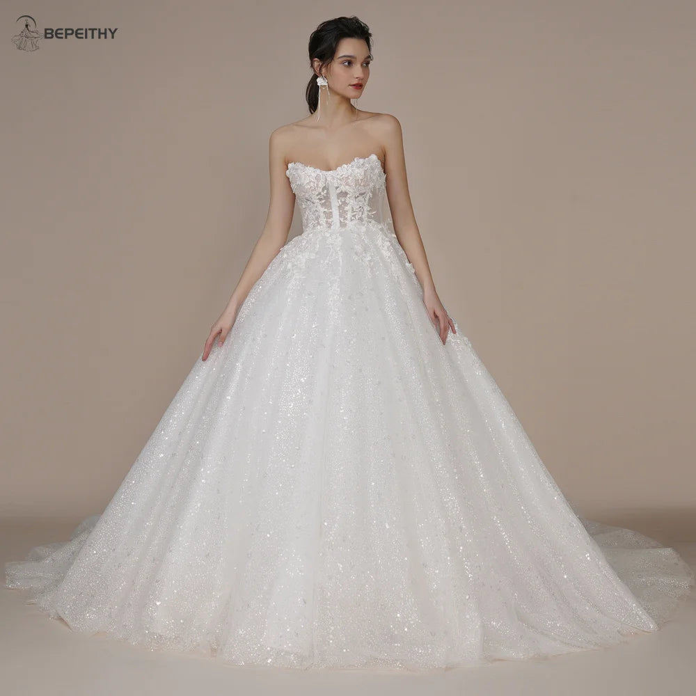 White Bridesmaid Dresses: Ivory Glitter Wedding Dresses For Women Court Train