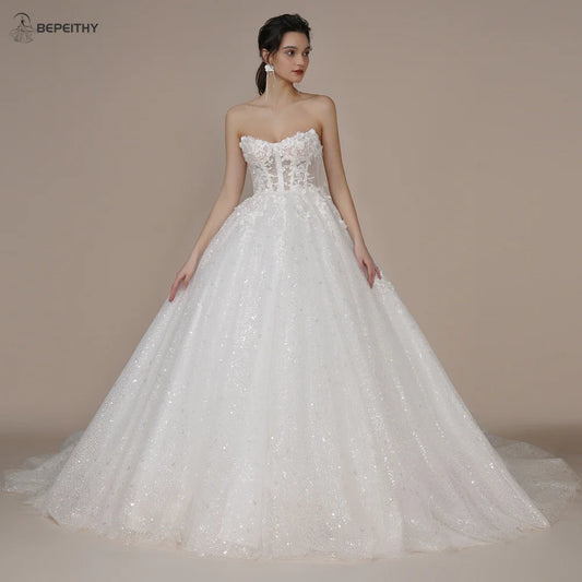 White Bridesmaid Dresses: Ivory Glitter Wedding Dresses For Women Court Train
