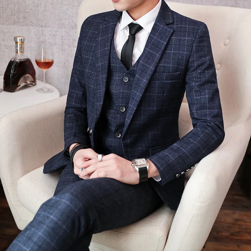 Prom Suits for Men: Men's Fashion Korean Version Slim-fit Plaid Suit Three-piece