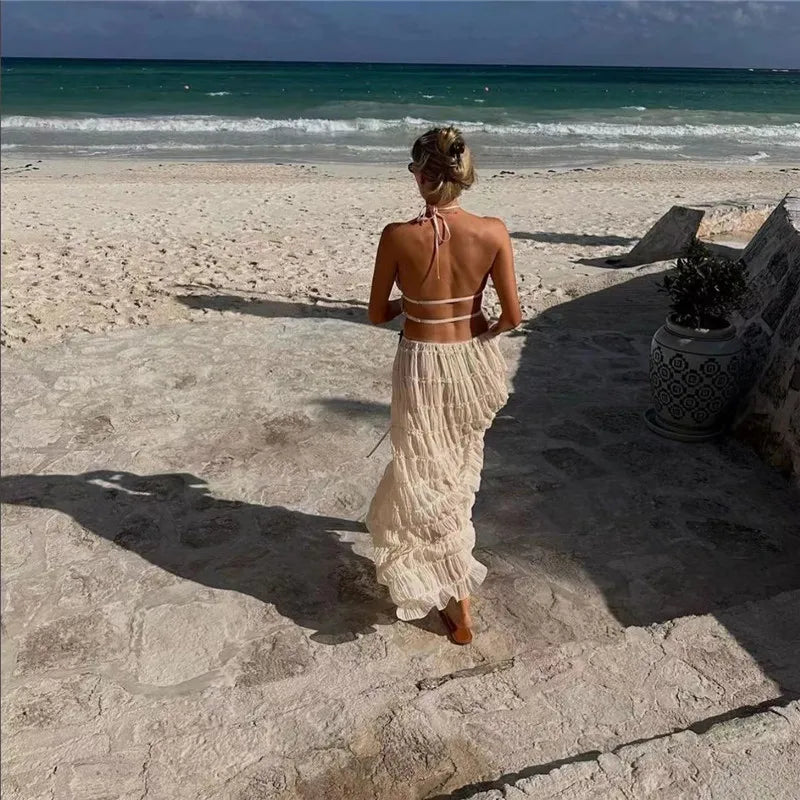 Holiday Beige White Two Pieces Suits Backless Halter Short Tank Vest