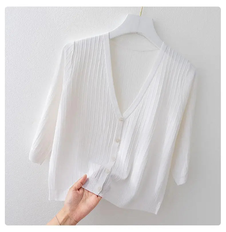 Fashion Women Solid Knitted Sweaters Coats Spring Summer Half Sleeve V-neck