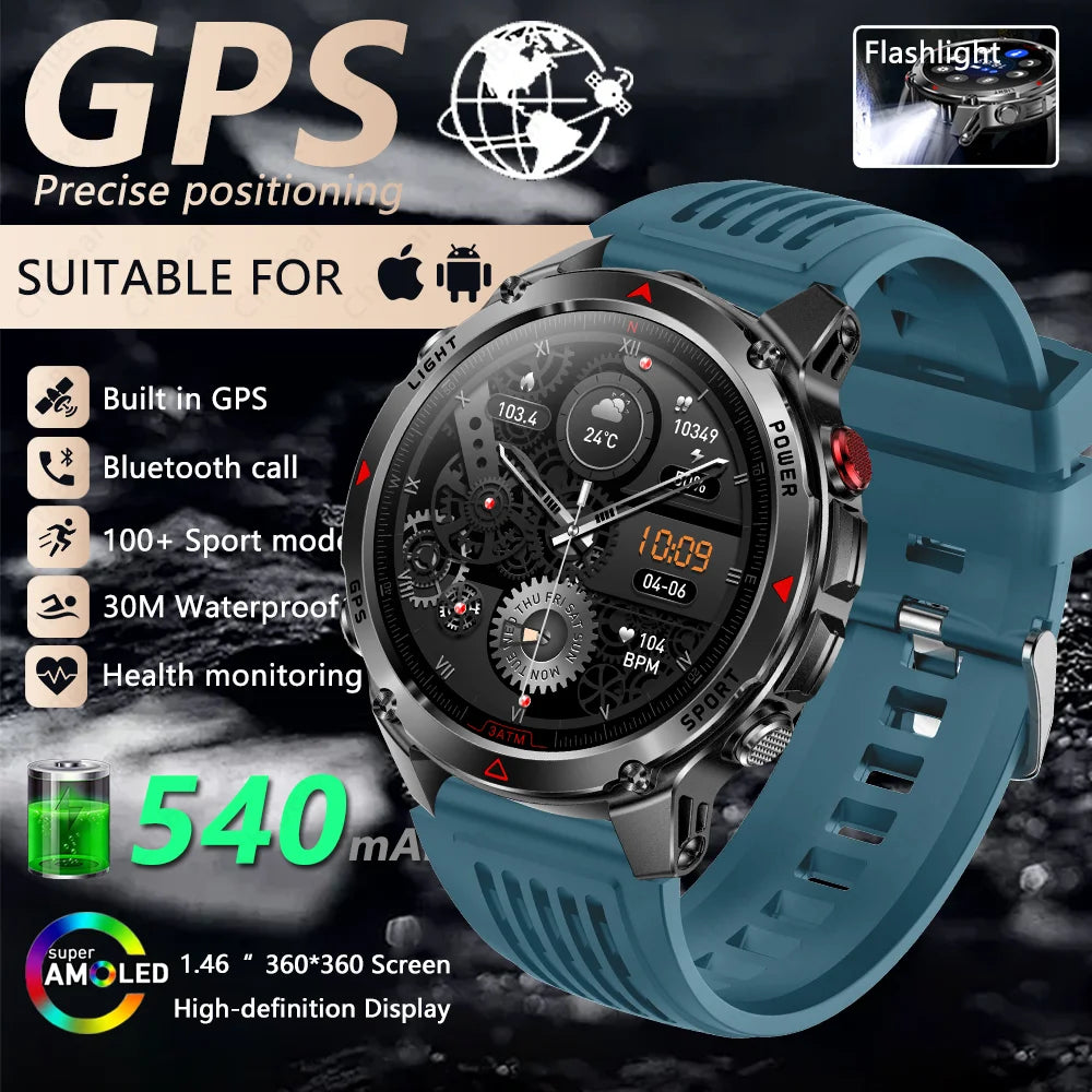 Outdoor Military Smart Watch Men Built-in GPS 1.46" AMOLED Compass