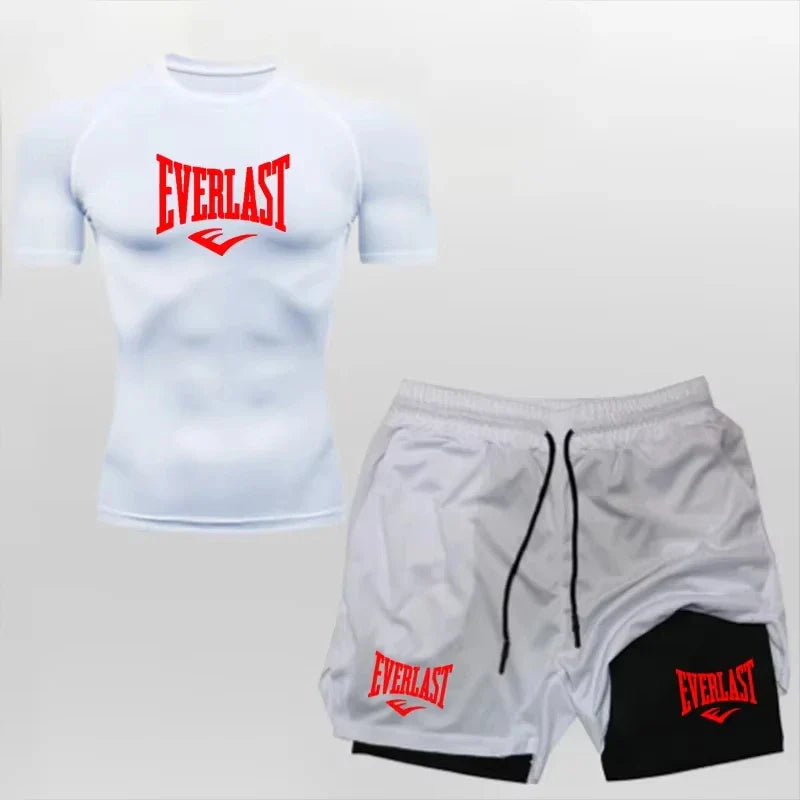 EVERLAST Men's Compress Shirt + 2-in-1 sports shorts 2pcs Set Leisure Breath Short Sleeve Sport Jogging Gym Brand Print Clothing