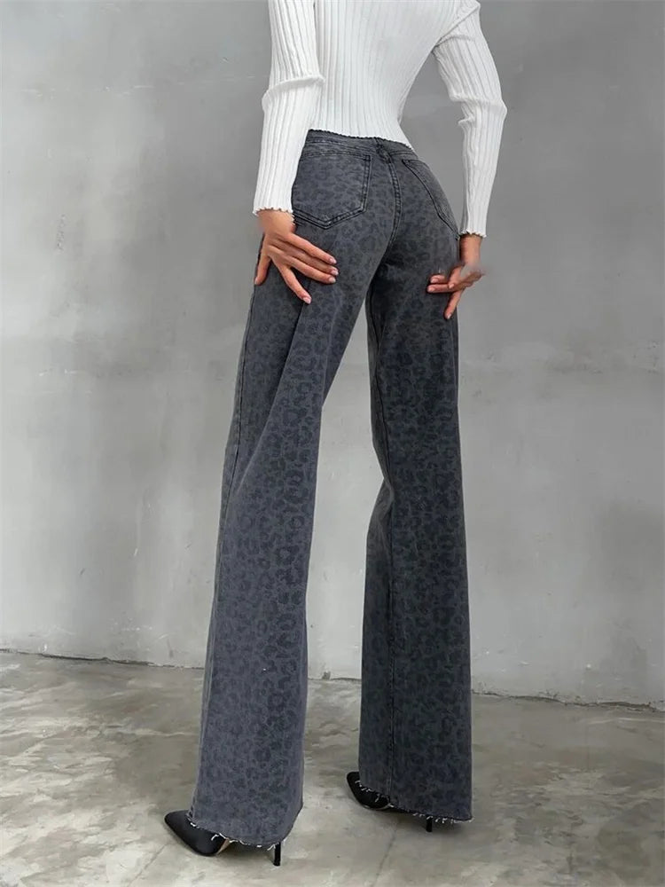 Retro Leopard Print Jeans for Women Elegant Ladies Gray Denim Pants Wide Leg Hip Hop