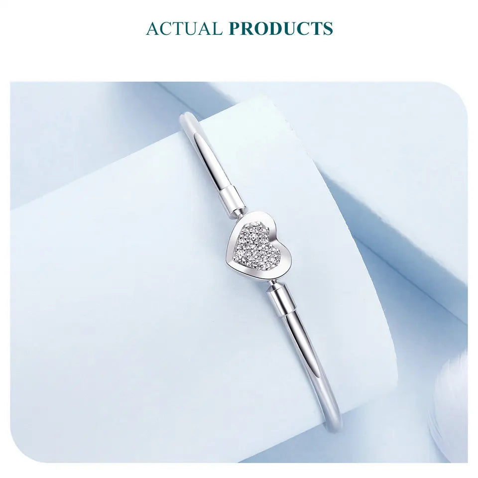 BAMOER Genuine 925 Sterling Silver Charm Glossy Bracelet Heart/Shell Clasp Basic Bangle Star Spacer Beads for Women DIY Jewelry