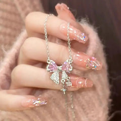 Bowknot Pink Zircon Cross Pendant Necklaces Fashion Temperament