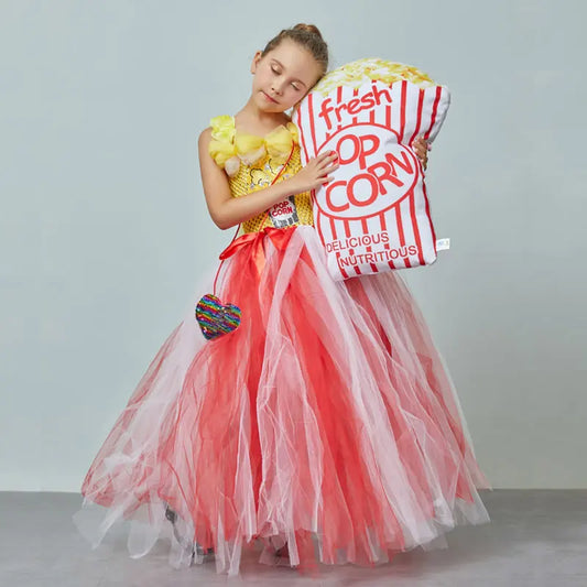 Festive Popcorn Costume For Teen Girl Lace TUTU Dress Christmas Child Up Sling