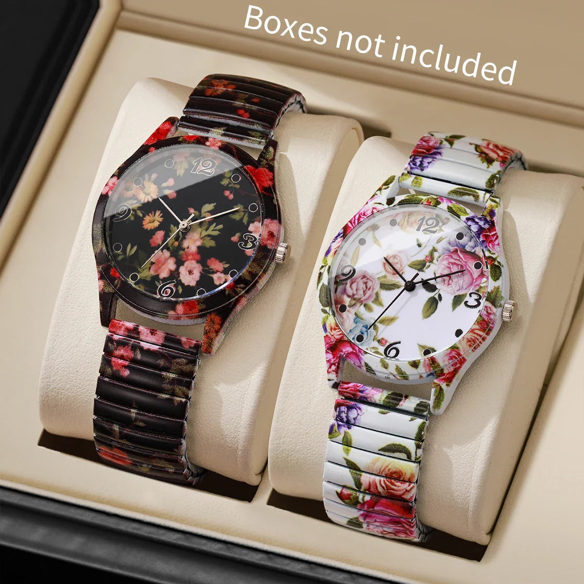 2/3PCS Fashion Flower Printed Women Quartz Wristwatches Set Ladies Casual Elastic Strap Arabic Dial Watch（Without Box）