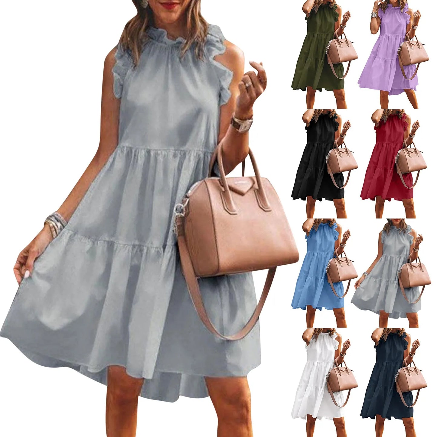 Women's Dresses Summer Sleeveless Mini Dress Solid Tie Crewneck High Waist Ruffle A-Line Flowy Pleated Short Dresses