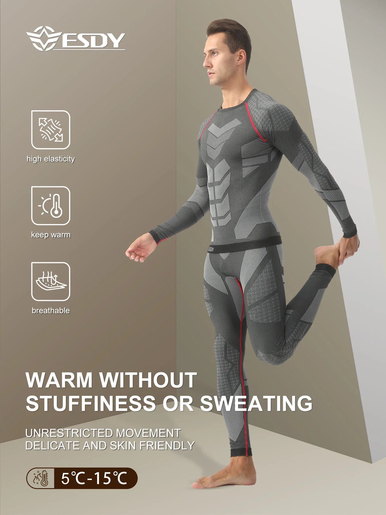 Esdy 1 Set of Men's Sports Compression Thermal Suit Winter Thermal Compression Long-Sleeve Long Pants Breathable High-Elastic Cold-Proof Sports Suit Winter Outdoor Sports Climbing Fishing