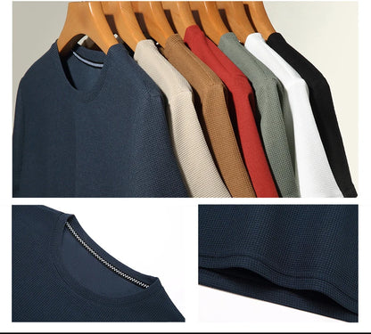 Men's New Summer Waffle round Neck Short Sleeve T-Shirt Comfortable Breathable Short-Sleeved Top for Casual Wear