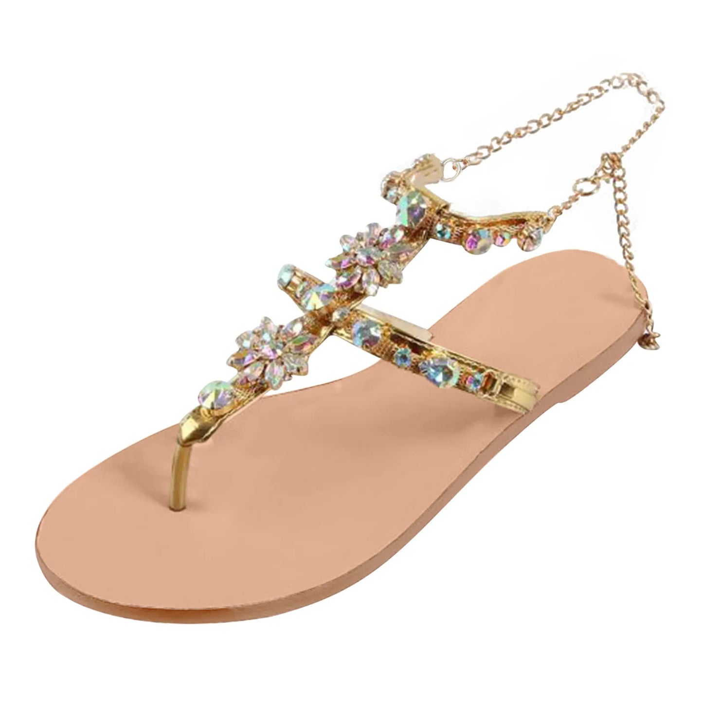 Ladies Rhinestones Sandals Summer Beach Slippers for Women Clip Toe Chain Sandals Shiny Crystal Fashion Casual Flat Bottom Shoes