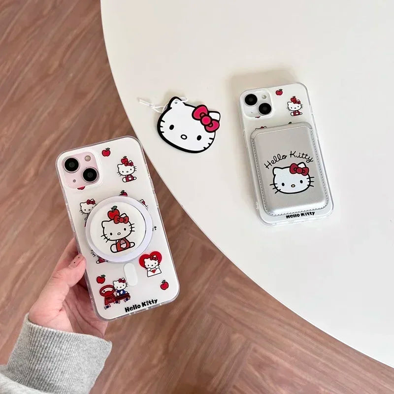 Cute Sanrio Hello Kitty Magnetic Card Wallet Holder Magsafe Wireless Charge Phone Case For iPhone 17 16 15 14 13 Pro Max Cover