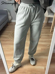 Sweatpants Women Winter Straight Leg Fleece Pants Elastic Waist Gray Velvet Trousers