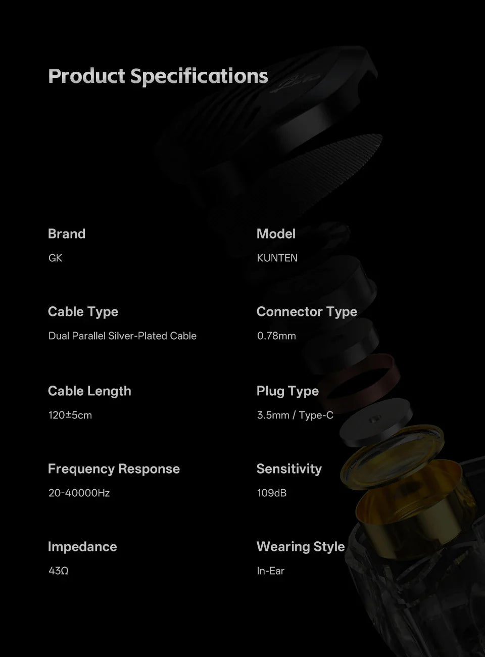 GK KUNTEN Dynamic Drive Headphones HIFI Heavy Bass Earbuds Sports Metal Headphones Detachable Headphones 2PIN KZ Zenith EDX