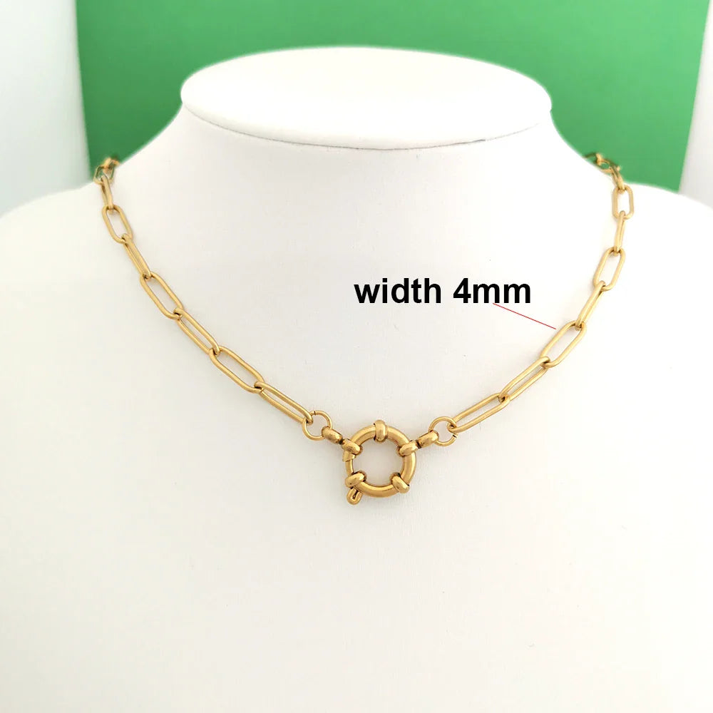 QMHJE Spring Sailor Clasp Necklace Women Men Choker Stainless Steel Geometric Paperclip Link Chain Rolo PVD Gold Color Wholesale
