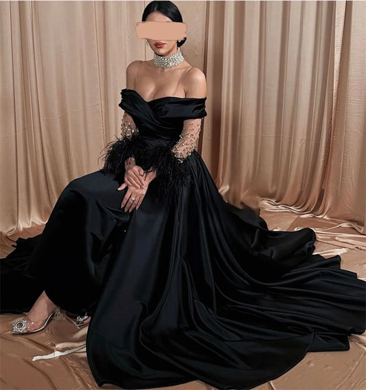 Cathy Elegantly Off Shoulder فساتين سهره فاخره2023 A-line Prom Dresses Luxury Brilliant Diamond Long Sleeves Vestidos De Noche