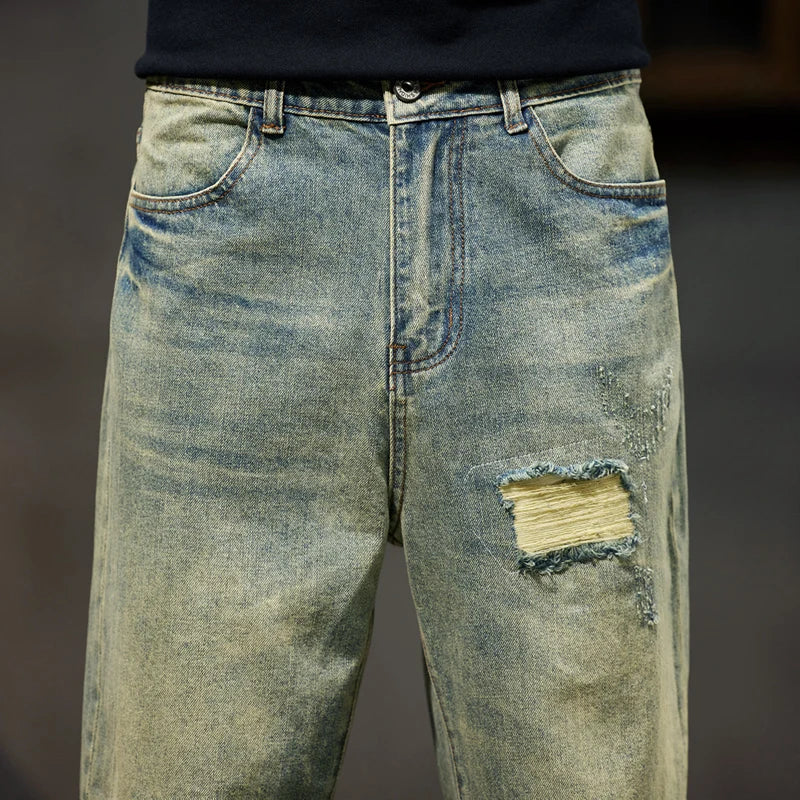 Ripped Jeans Men Loose Fit Retro Blue Baggy Jeans Distressed Hip Hop Denim Pants