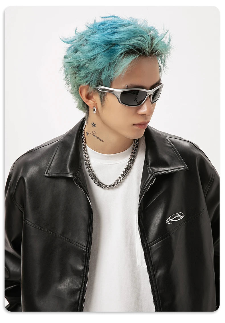 Metal Printed Black PU Leather Jacket for Men and Women, Trendy Brand