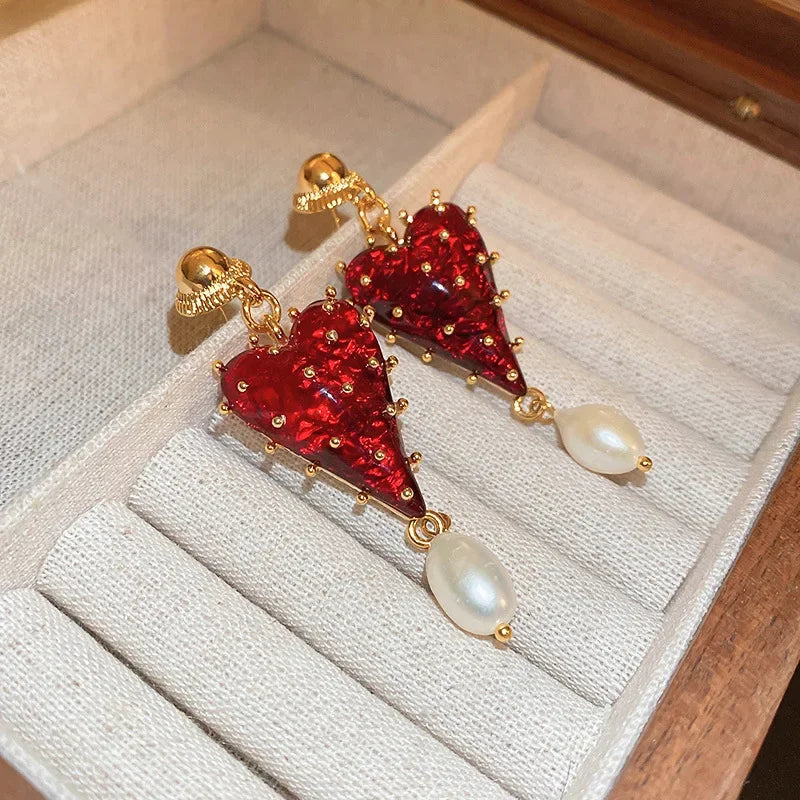 Minar Charming Red Color Resin Love Heart Dangle Earrings for Women Baroque Freshwater Pearl Long Earring Wedding Party Jewelry