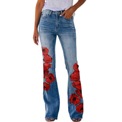 Y2K Ladies Retro Flared Pants Baggy Jeans Women Floral Printed Slim-Fit Denim Trousers