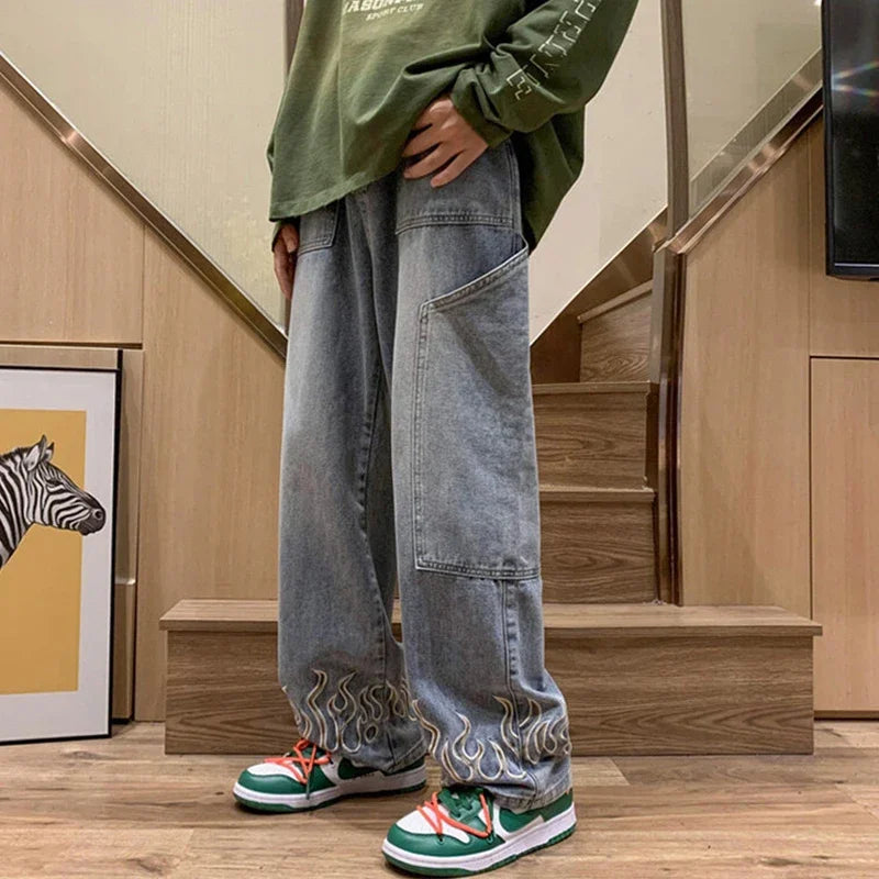 Fashion Flame Embroidery Men's Jeans Neutral Wide Leg Denim Trousers