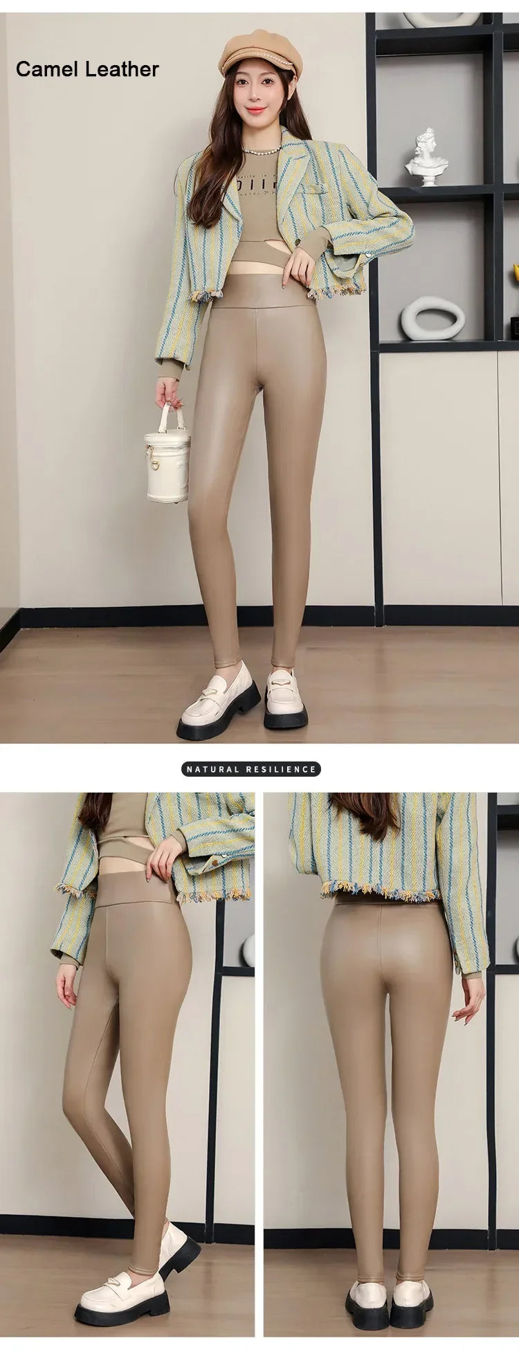 Women's Pants Velvet PU Leather Leggings Winter Ladies High Waist Fleece