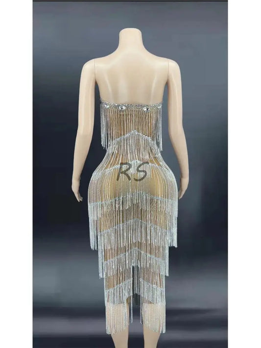 Evening Dresses: Women Silver Fringes Dress Evening Prom Party Birthday