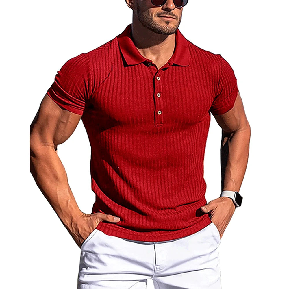 New Summer Polo Men Solid Stripe Fitness Elasticity Short Sleeve Polo Shirts for Men Fashion Stand Collar Mens Shirts