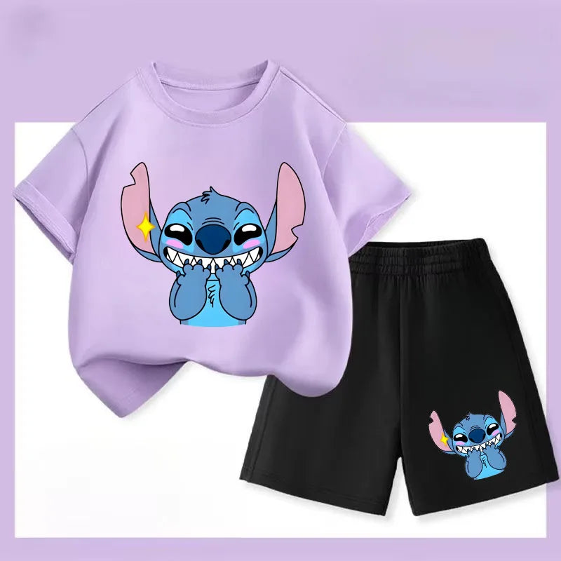 Summer Children's Casual Outfits Stitch Printed Boys Short Sleeved Top Sets Kids T Shirt Shorts Two Piece Suit Disney 2025
