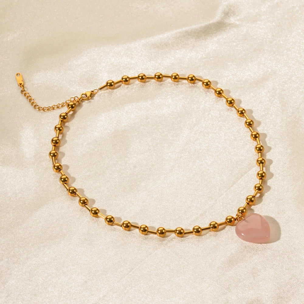 Youthway Delicate Clear Glass Heart Stainless Steel Necklace Bracelet Set Waterproof Golden Trendy Jewelry Boucle Oreille Femme