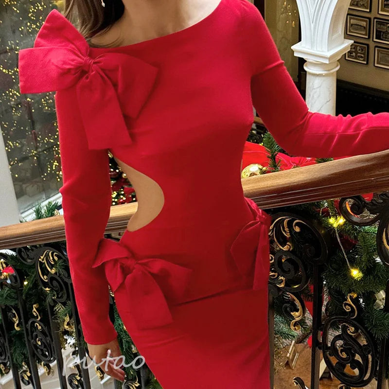 Homecoming Dresses: Long Red Prom Dresses With Bow Mermaid Cocktail Party Dress