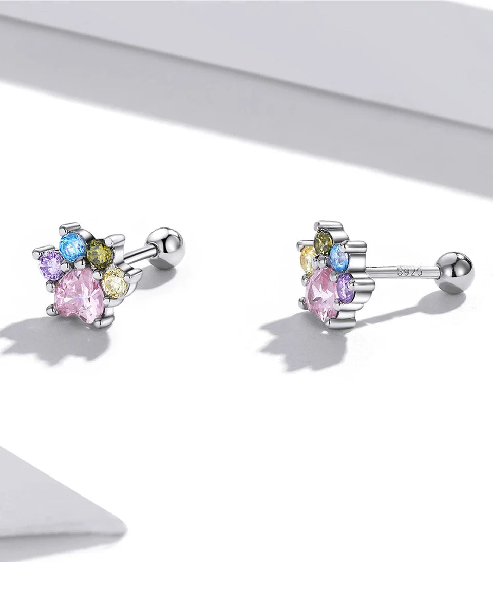 WOSTU 925 Sterling Silver Animals Cute Paws Rainbow Stud Earrings For Women Heart Oval Flower Zircon Crab Ear Studs Jewelry Gift