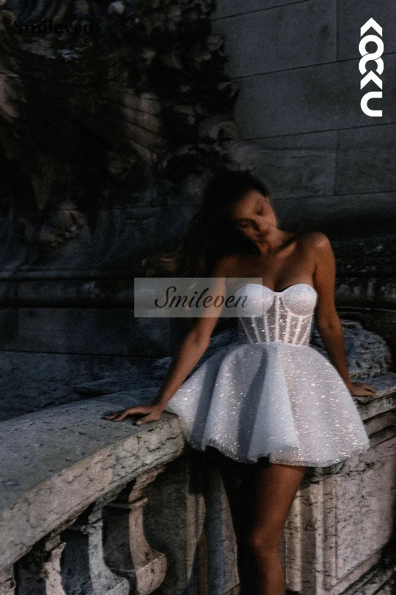 White Bridesmaid Dresses: Wedding Dress A Line Sweetheart Neck Shiny Glitter