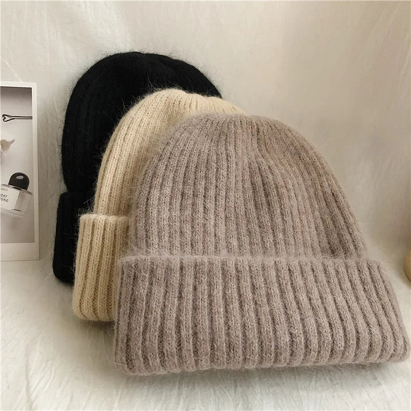 Winter Dome Brimless Casual Hat Warm Rabbit Fur Knit Hat women's double-layer Thick Wool Hat Casual Hat Toe Cap Cold Hat 4m868