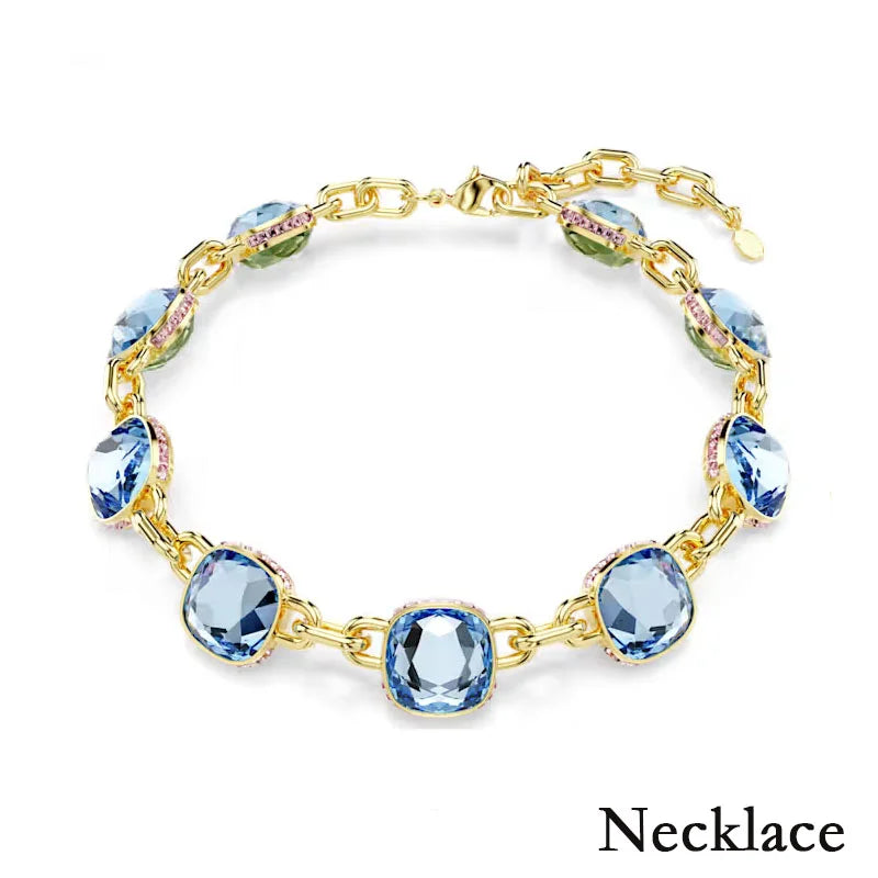 Original 2025 Fine Jewelry Set for Women Green Crystal Pink Crystal Geometric Bracelet Octagonal Cut Crystal Romantic Gift