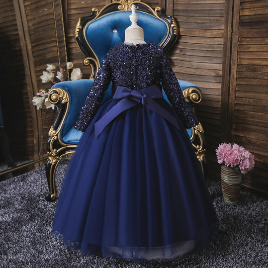 318 Girl's Birthday Evening Dress Long Sleeve Sparkling Pong Skirt Flower Girl Wedding Dress Piano Performance Dress