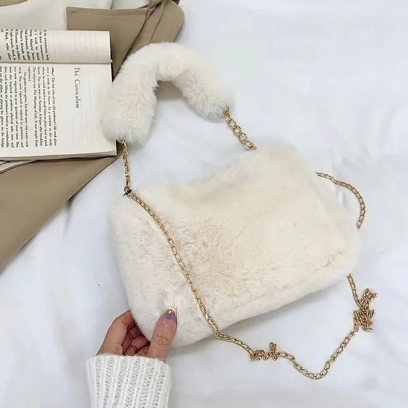 Winter Plush Tote Handbag Versatile Fluffy Shoulder Bag Soft Cute Chain Crossbody Bag