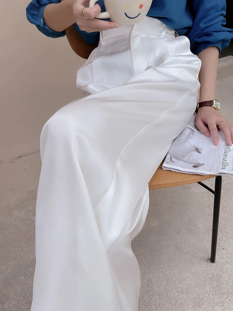 2024 Spring Summer Ice silk Satin Women's Pants Wide Leg High Waist Casual