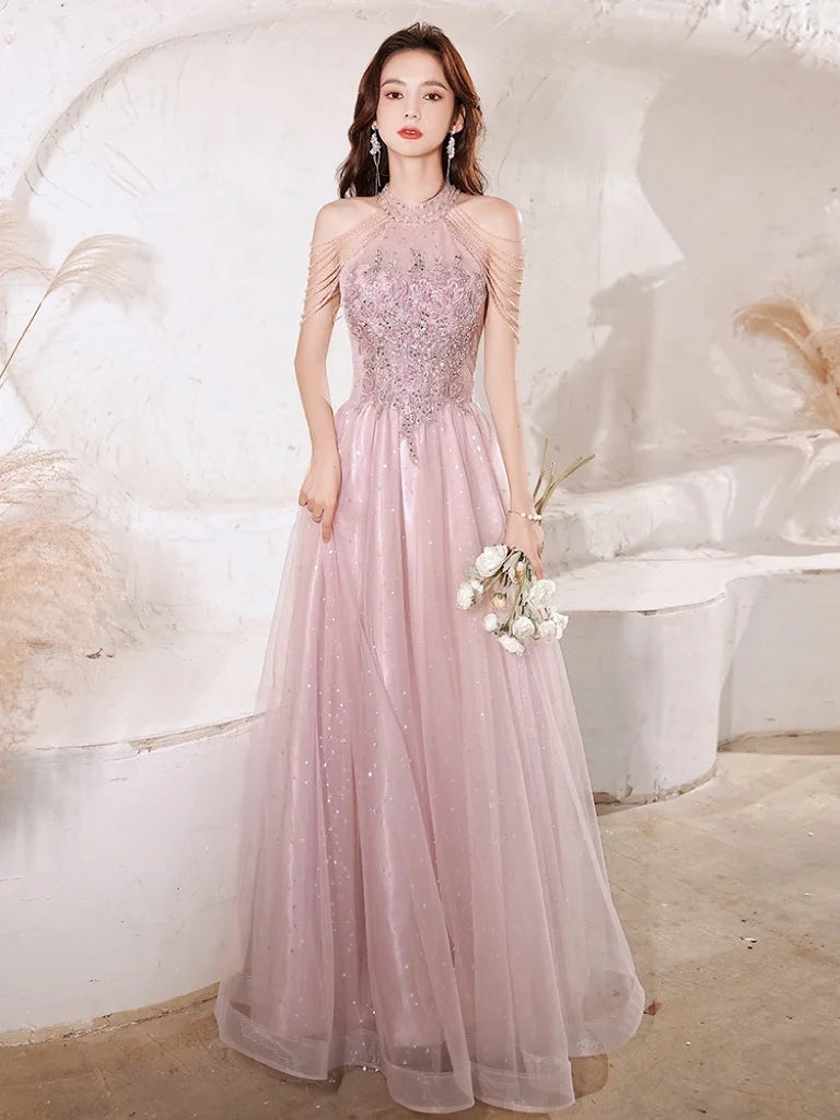 Homecoming Dresses: Sequins Beading Halter With Tassel Sleeve Prom Evening Gowns
